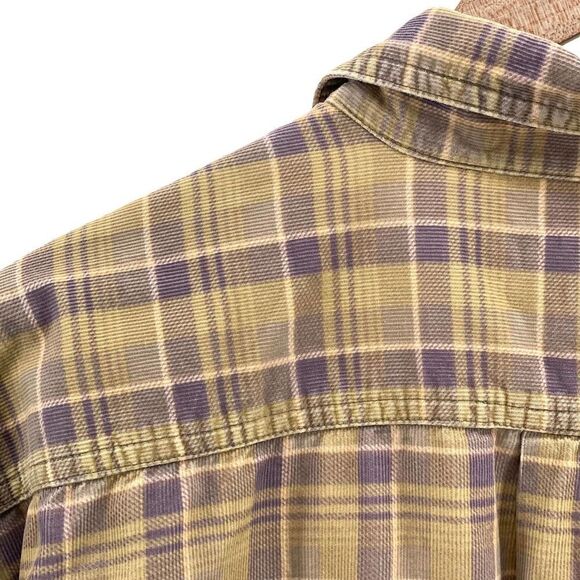 Corduroy Button Up Shirt Long Sleeve SUPER Distressed Tan Lavender Plaid | Large - Picture 7 of 9